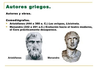 Autores griegos. Autores y obras. Comediógrafos. Aristófanes (444 a 380 a. C.)  Las avispas, Lisístrata. Menandro (342 a 291 a.C.) Evolución hacia el teatro moderno, el Coro prácticamente desaparece. Aristófanes Menandro 