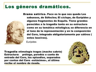 Los géneros dramáticos. Drama satírico . Poco es lo que nos queda Los sabuesos, de Sófocles; El cíclope, de Eurípides y algunos fragmentos de Esquilo. Tiene grandes parecidos a la tragedia tanto en su estructura como en su temática mitológica; se diferencia en el tono de la representación y en la composición del Coro, integrado obligatoriamente por sátiros ( entes lascivos). Eurípides  Tragedia  etimología tragos (macho cabrío) Estructura:  prólogo, parodos o canto de entrada del Coro, los episodios, separados por cantos del Coro –estásimos-, el último recibe el nombre de éxodo. 