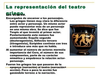La representación del teatro griego. Los actores. Encargados de encarnar a los personajes. Los griegos tienen muy clara la diferencia entre actor y personaje. Un mismo actor puede representar más de un personaje en una misma obra. Se dice que fue Tespis el que inventó al primer actor. Posteriormente este número fue aumentando: Esquilo segundo (deuteragonista), Sófocles tercero (titragonista), Eurípides continúa con tres e introduce uno más que no habla. Al aumentar el número de actores mermóla importancia del Coro, el número de sus componentes, parte de su carácter mimético y empobrece la relación actor-personaje. Fueron los griegos los que pasaron de la epopeya (narración) al teatro (narración+ acción). Poco a poco la acción fue ganándole terreno a la narración. 
