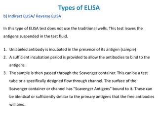 Types of ELISA
b) Indirect ELISA/ Reverse ELISA
In this type of ELISA test does not use the traditional wells. This test leaves the
antigens suspended in the test fluid.
1. Unlabeled antibody is incubated in the presence of its antigen (sample)
2. A sufficient incubation period is provided to allow the antibodies to bind to the
antigens.
3. The sample is then passed through the Scavenger container. This can be a test
tube or a specifically designed flow through channel. The surface of the
Scavenger container or channel has "Scavenger Antigens" bound to it. These can
be identical or sufficiently similar to the primary antigens that the free antibodies
will bind.
 