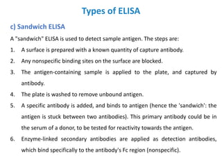 Types of ELISA
c) Sandwich ELISA
A "sandwich" ELISA is used to detect sample antigen. The steps are:
1. A surface is prepared with a known quantity of capture antibody.
2. Any nonspecific binding sites on the surface are blocked.
3. The antigen-containing sample is applied to the plate, and captured by
antibody.
4. The plate is washed to remove unbound antigen.
5. A specific antibody is added, and binds to antigen (hence the 'sandwich': the
antigen is stuck between two antibodies). This primary antibody could be in
the serum of a donor, to be tested for reactivity towards the antigen.
6. Enzyme-linked secondary antibodies are applied as detection antibodies,
which bind specifically to the antibody's Fc region (nonspecific).
 