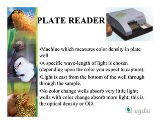 PLATE READER


•Machine which measures color density in plate
well.
•A specific wave-length of light is chosen
(depending upon the color you expect to capture).
•Light is cast from the bottom of the well through
through the sample.
•No color change wells absorb very little light;
wells with color change absorb more light; this is
the optical density or OD.
 