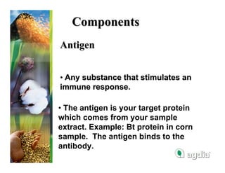 Components
Antigen


• Any substance that stimulates an
immune response.

• The antigen is your target protein
which comes from your sample
extract. Example: Bt protein in corn
sample. The antigen binds to the
antibody.
 