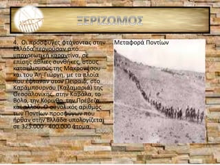 4. Οι πρόσφυγες φτάνοντας στην
Ελλάδα περνούσαν από
υποχρεωτική καραντίνα, σε
επίσης άθλιες συνθήκες, στους
καταυλισμούς της Μακρονήσου
και του Αη-Γιώργη, με τα πλοία
που έφταναν στον Πειραιά, στο
Καράμπουρνου (Καλαμαριά) της
Θεσσαλονίκης, στην Καβάλα, το
Βόλο, την Κόρινθο, την Πρέβεζα
και αλλού. Ο συνολικός αριθμός
των Ποντίων προσφύγων που
ήρθαν στην Ελλάδα υπολογίζεται
σε 325.000 - 400.000 άτομα.
Μεταφορά Ποντίων
 