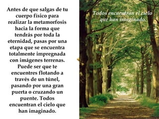 Antes de que salgas de tu cuerpo físico para realizar la metamorfosis hacia la forma que tendrás por toda la eternidad, pasas por una etapa que se encuentra totalmente impregnada con imágenes terrenas. Puede ser que te encuentres flotando a través de un túnel, pasando por una gran puerta o cruzando un puente. Todos encuentran el cielo que han imaginado. Todos encuentran el cielo  que han imaginado. 