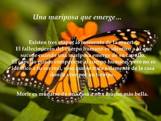 Existen tres etapas al momento de la muerte. El fallecimiento del cuerpo humano es idéntico a lo que sucede cuando una mariposa emerge de su capullo. El capullo puede compararse al cuerpo humano, pero no es idéntico a tu ser real, sino que se trata solamente de la casa donde vive por un tiempo.  Morir es mudarse de una casa a otra mucho más bella.  Una mariposa que emerge… 