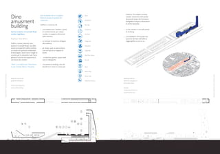 l’edificio. Gli scalatori arrampi-
                                          Dino                                       dove le attività che vi si svolgono
                                                                                     hanno la durata di qualche ora
                                                                                                                             Shop
                                                                                                                                                       candosi incontrano sulla parete
                                                                                                                                                       dei piccoli shops che forniscono
                                          amusment                                   o poco più.                             Hairdresser
                                                                                                                                                       bottigliette d’acqua o attrezzature
                                                                                                                                                       di prima necessità;
                                          building                                   L’edificio è costituito da:

                                                                                     •	 una ludoteca per i bambini, spazio
                                                                                                                             Nail Spa


                                                                                                                             Hairdresser           •	 un bar, situato in cima alla parete
                                          Centro ricreativo in Cromwell Road,           di intrattenimento per il dopo-                               di climbing;
                                          Londra, Inghilterra.                          scuola e in supporto alle attività   Tea Time
                                                                                        delle mamme;                                               •	 uno skatepark, che occupa una
                                          Professore: Peter Wilson                                                                                    porzione del tetto dell’edificio,
                                                                                     •	 un club per le mamme, collegato      Playground               raggiungibile 24 ore su 24.
                                          Traffico, rumore, velocità, auto...           alla ludoteca;
                                          Questa è Cromwell Road, una delle                                                  Skatepark
                                          arterie principali del traffico londine-   •	 gli shops, quali un parrucchiere,
                                          se situata nel quartiere residenziale         una nail spa ed un negozio di        Coffee Bar
                                          di Kensington. Scarsi sono i luoghi di        dischi;
                                          incontro per la comunità e per l’acco-                                             Black Box Games
                                          glienza di attività che supportino la      •	 un black box games, spazio dedi-
                                          vita stessa dei cittadini.                    cato ai videogiochi;                 Records


                                          “Dino” è un edificio per il divertimen-    •	 una parete di climbing, nata dal
                                          to, per il tempo libero e l’incontro,         desiderio di creare una testa per    Sport


                                                                                                                             Water Shop
Elisa Cherubini- Dino amusment building




                                                                                                                                                                                             Elisa Cherubini- Dino amusment building
                                                                                                                             Mums Club
                                          Pianta P1 e sezione lon-                                                                                 Planimetria del sito.
                                          gitudinale dell’edificio.                                                          Child Care Center 2   Pianta P2 e prospetto sul
                                                                                                                                                   fronte della strada.
                                          P1 plan and longitudinal
                                          section of the building.                                                                                 Site plan.
                                                                                                                                                   P2 plan and elevation on
                                                                                                                                                   the front of the road.




         26                                                                                                                                                                                  27
 