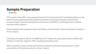 Sample Preparation
(This portion of the buffer can be prepared ahead of time and stored at 4°C. Immediately before use, the
buffer must be supplemented with phosphatase inhibitor cocktail [as directed by manufacturer],
protease inhibitor cocktail [as directed by manufacturer] and PMSF to 1 mM to generate a complete
extraction buffer solution.)
Rinse the blade of the homogenizer twice with 300 μL extraction buffer. Place the sample on a shaker at
4°C for 2 hours.
Centrifuge the sample for 20 min at 13,000 rpm at 4°C. Aliquot the supernatant into pre-chilled tubes
sitting in ice. Keep the samples at -80°C, avoiding freeze/thaw cycles.
Note: Lysis buffer volume must be determined according to the amount of tissue present. Typical
concentration of final protein extract is at least 1 mg/mL.
 