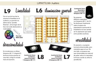 LUMINOTECNIA: Auditorio
L6
L6
L6
L6
L6
L6
L6
L6
L6
L6
L6
L6
L6
L6
L6
L6
L6
L6
L6
L6
L6
L6
L6
L6
L6
L6
L6
L6
L6
L6
L6
L6
L6
L6
L6
L6
L6
L6
L6
L6
L6
L6
L6
L6
L6
L6
L6
L6
L6
L6
L7 L7 L7
L7 L7 L7
L6
L6
L6
L6
L6
L6
L6
L8
L8
L8
L8
L8
L8
L8
L8
L8
L8
L8
L8
L8
L8
L8
L8
L8
L8
L9
L9 versatilidad
L7
Luminaria línea
cardánica,
marca Lucciola-
2 lámparas AR 111
En escenario, se propone
luminaria direccionable, para
orientarla según el uso. Por
otro lado, se propone que
sean dimerizables de modo tal
de poder reducir la intensidad
luminosa cuando se utilice la
pantalla led.
L6 iluminacion general
direccionalidad
L8
Luminaria línea
cardánica,
marca Lucciola-
1 lámpara AR 111
En circulaciones se utilizan
lámparas AR 111 (ángulo 8°)
de forma tal de acentuar el
recorrido y dirigir la mirada
hacia el escenario.
Linealidad
L9
Tira led
RGB 5050
Con el uso de tiras led se
acentúa la linealidad en el
auditorio y se permite ver,
detrás de los “paneles
otantes”, el hormigón de la
losa nervurada destacando su
materialidad.
Se proponen
plafones suspendidos
con lámparas AR111 de 24°.
Se distribuyen linealmente
sobre el espacio de
espectadores acentuando la
linealidad en el otro sentido
(en la separación que existe
entre paneles acústicos).
Luminaria línea
Guardare,
marca Lucciola-
lámpara AR 111
 