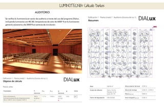 LUMINOTECNIA: Cálculo Dialux
AUDITORIO
Se verica la iluminancia en sector de auditorio a través del uso del programa Dialux,
incluyendo luminarias con IRC 80, temperaturas de color de 4000° K en la iluminación
general y escenario y de 3000°K en sectores de circulación.
 