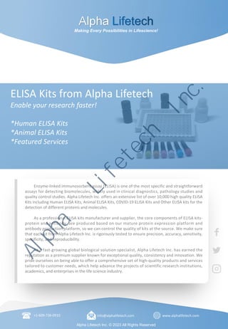 A
L
P
H
A
L
I
F
E
T
E
C
H
I
N
C
.
1
P A G E /
Enzyme-linked immunosorbent assay (ELISA) is one of the most specific and straightforward
assays for detecting biomolecules, widely used in clinical diagnostics, pathology studies and
quality control studies. Alpha Lifetech Inc. offers an extensive list of over 10,000 high quality ELISA
Kits including Human ELISA Kits, Animal ELISA Kits, COVID-19 ELISA Kits and Other ELISA kits for the
detection of different proteins and molecules.
As a professional ELISA kits manufacturer and supplier, the core components of ELISA kits-
protein and antibody, are produced based on our mature protein expression platform and
antibody production platform, so we can control the quality of kits at the source. We make sure
that each kit from Alpha Lifetech Inc. is rigorously tested to ensure precision, accuracy, sensitivity,
specificity, and reproducibility.
As a fast-growing global biological solution specialist, Alpha Lifetech Inc. has earned the
reputation as a premium supplier known for exceptional quality, consistency and innovation. We
pride ourselves on being able to offer a comprehensive set of high-quality products and services
tailored to customer needs, which help advance the projects of scientific research institutions,
academics, and enterprises in the life science industry.
+1-609-736-0910 info@alphalifetech.com www.alphalifetech.com
Alpha Lifetech Inc. © 2023 All Rights Reserved
ELISA Kits from Alpha Lifetech
Enable your research faster!
*Human ELISA Kits
*Animal ELISA Kits
*Featured Services
Making Every Possibilities in Lifescience!
A
l
p
h
a
L
i
f
e
t
e
c
h
I
n
c
.
 