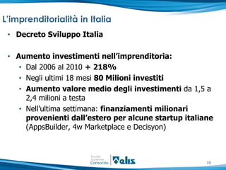 L’imprenditorialità in Italia
 • Decreto Sviluppo Italia

 • Aumento investimenti nell’imprenditoria:
    • Dal 2006 al 2010 + 218%
    • Negli ultimi 18 mesi 80 Milioni investiti
    • Aumento valore medio degli investimenti da 1,5 a
      2,4 milioni a testa
    • Nell’ultima settimana: finanziamenti milionari
      provenienti dall’estero per alcune startup italiane
      (AppsBuilder, 4w Marketplace e Decisyon)



                                                       10
 