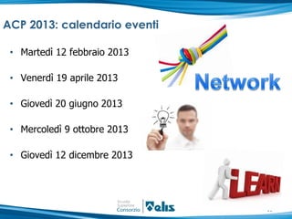 ACP 2013: calendario eventi

 • Martedì 12 febbraio 2013

 • Venerdì 19 aprile 2013

 • Giovedì 20 giugno 2013

 • Mercoledì 9 ottobre 2013

 • Giovedì 12 dicembre 2013




                              11
 