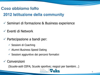 Cosa abbiamo fatto
 2012 Istituzione della community

  Seminari di formazione & Business experience

  Eventi di Network

  Partecipazione a bandi per:
     Sessioni di Coaching
     Alumni Business Speed Dating
     Sessioni aggiuntive dei percorsi formativi

  Convenzioni
    (Scuole-asili CEFA; Scuole sportive; negozi per bambini…)
                                                                4
 