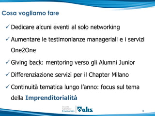 Cosa vogliamo fare

  Dedicare alcuni eventi al solo networking

  Aumentare le testimonianze manageriali e i servizi
   One2One

  Giving back: mentoring verso gli Alumni Junior

  Differenziazione servizi per il Chapter Milano

  Continuità tematica lungo l’anno: focus sul tema
   della Imprenditorialità

                                                      8
 