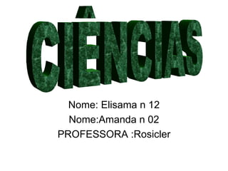 Nome: Elisama n 12 Nome:Amanda n 02 PROFESSORA :Rosicler CIÊNCIAS 