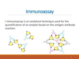 Immunoassay
Immunoassay is an analytical technique used for the
quantification of an analyte based on the antigen-antibody
reaction.
3
 
