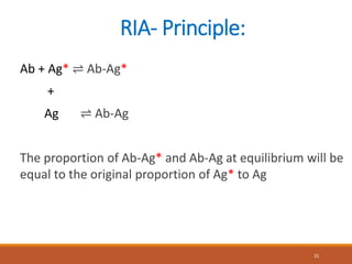 RIA- Principle:
Ab + Ag* ⇌ Ab-Ag*
+
Ag ⇌ Ab-Ag
The proportion of Ab-Ag* and Ab-Ag at equilibrium will be
equal to the original proportion of Ag* to Ag
31
 