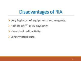 Disadvantages of RIA
Very high cost of equipments and reagents.
Half life of I125 is 60 days only.
Hazards of radioactivity.
Lengthy procedure.
35
 