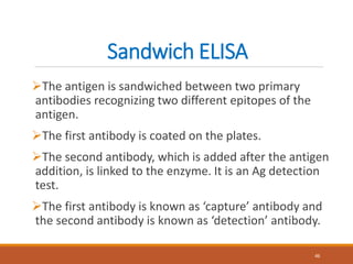 Sandwich ELISA
The antigen is sandwiched between two primary
antibodies recognizing two different epitopes of the
antigen.
The first antibody is coated on the plates.
The second antibody, which is added after the antigen
addition, is linked to the enzyme. It is an Ag detection
test.
The first antibody is known as ‘capture’ antibody and
the second antibody is known as ‘detection’ antibody.
46
 