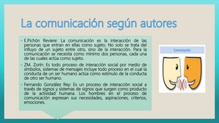 ◦ E.Pichón Reviere: La comunicación es la interacción de las
personas que entran en ellas como sujeto. No solo se trata del
influyo de un sujeto entre otro, sino de la interacción. Para la
comunicación se necesita como mínimo dos personas, cada una
de las cuales actúa como sujeto.
◦ ZM. Zorín: Es todo proceso de interacción social por medio de
símbolos, sistemas de mensajes incluye todo proceso en el cual la
conducta de un ser humano actúa como estimulo de la conducta
de otro ser humano.
◦ Fernando González Rey: Es un proceso de interacción social a
través de signos y sistemas de signos que surgen como producto
de la actividad humana. Los hombres en el proceso de
comunicación expresan sus necesidades, aspiraciones, criterios,
emociones.
 