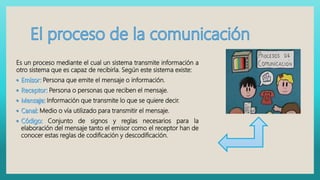 Es un proceso mediante el cual un sistema transmite información a
otro sistema que es capaz de recibirla. Según este sistema existe:
Persona que emite el mensaje o información.
Persona o personas que reciben el mensaje.
Información que transmite lo que se quiere decir.
Medio o vía utilizado para transmitir el mensaje.
Conjunto de signos y reglas necesarios para la
elaboración del mensaje tanto el emisor como el receptor han de
conocer estas reglas de codificación y descodificación.
 