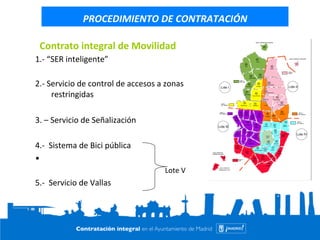 PROCEDIMIENTO 
DE 
CONTRATACIÓN 
Contrato 
integral 
de 
Movilidad 
1.-­‐ 
“SER 
inteligente” 
2.-­‐ 
Servicio 
de 
control 
de 
accesos 
a 
zonas 
restringidas 
3. 
– 
Servicio 
de 
Señalización 
4.-­‐ 
Sistema 
de 
Bici 
pública 
• 
Lote 
V 
5.-­‐ 
Servicio 
de 
Vallas 
 