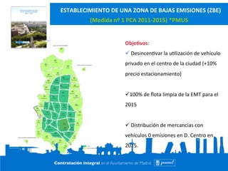 ESTABLECIMIENTO 
DE 
UNA 
ZONA 
DE 
BAJAS 
EMISIONES 
(ZBE) 
(Medida 
nº 
1 
PCA 
2011-­‐2015) 
*PMUS 
Obje@vos: 
ü 
Desincen=var 
la 
u=lización 
de 
vehículo 
privado 
en 
el 
centro 
de 
la 
ciudad 
(+10% 
precio 
estacionamiento) 
ü 100% 
de 
flota 
limpia 
de 
la 
EMT 
para 
el 
2015 
ü 
Distribución 
de 
mercancias 
con 
vehículos 
0 
emisiones 
en 
D. 
Centro 
en 
2025. 
 