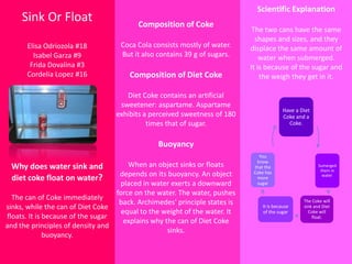 Scientific Explanation
     Sink Or Float                        Composition of Coke
                                                                             The two cans have the same
                                                                              shapes and sizes, and they
      Elisa Odriozola #18           Coca Cola consists mostly of water.     displace the same amount of
        Isabel Garza #9             But it also contains 39 g of sugars.        water when submerged.
       Frida Dovalina #3                                                    It is because of the sugar and
      Cordelia Lopez #16               Composition of Diet Coke                 the weigh they get in it.

                                      Diet Coke contains an artificial
                                    sweetener: aspartame. Aspartame
                                                                                          Have a Diet
                                   exhibits a perceived sweetness of 180                  Coke and a
                                             times that of sugar.                           Coke.


                                                Buoyancy
                                                                               You
                                                                              know
 Why does water sink and               When an object sinks or floats        that the                    Sumerged
                                                                             Coke has                     them in
                                    depends on its buoyancy. An object
 diet coke float on water?                                                    more
                                                                                                           water.

                                    placed in water exerts a downward         sugar

                                   force on the water. The water, pushes
  The can of Coke immediately
                                    back. Archimedes' principle states is                         The Coke will
sinks, while the can of Diet Coke                                               It is because     sink and Diet
                                     equal to the weight of the water. It       of the sugar        Coke will
floats. It is because of the sugar                                                                    float.
                                      explains why the can of Diet Coke
and the principles of density and
                                                    sinks.
              buoyancy.
 