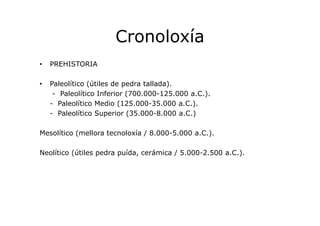 Cronoloxía
•

PREHISTORIA

•

Paleolítico (útiles de pedra tallada).
- Paleolítico Inferior (700.000-125.000 a.C.).
- Pale...
