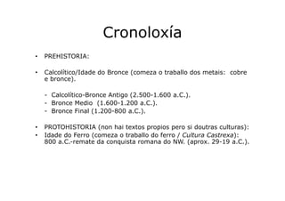 Cronoloxía
•

PREHISTORIA:

•

Calcolítico/Idade do Bronce (comeza o traballo dos metais: cobre
e bronce).
- Calcolítico-B...
