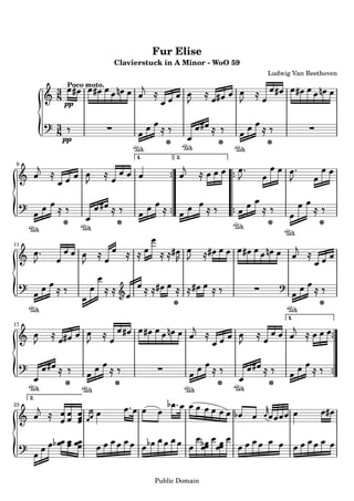 Fur Elise
                         Clavierstuck in A Minor - WoO 59
                                                            Ludwig Van Beethoven
            Poco moto.
          3
          8 pp

          3
          8 pp
                              1.         2.
6




11




                                                                 1.
17




     2.
23




                                   Public Domain
 