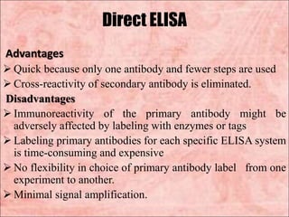 Direct ELISA
Advantages
 Quick because only one antibody and fewer steps are used
 Cross-reactivity of secondary antibody is eliminated.
Disadvantages
 Immunoreactivity of the primary antibody might be
adversely affected by labeling with enzymes or tags
 Labeling primary antibodies for each specific ELISA system
is time-consuming and expensive
 No flexibility in choice of primary antibody label from one
experiment to another.
 Minimal signal amplification.
 