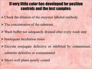 If very little color has developed for positive
controls and the test samples:
 Check the dilution of the enzymes labeled antibody
 The concentration of the substrate
 Wash buffer not adequately drained after every wash step
 Inadequate incubation times
 Enzyme conjugate defective or inhibited by contaminant,
substrate defective or contaminated
 Micro well plates poorly coated
 