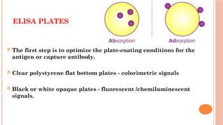 ELISA PLATES
 The first step is to optimize the plate-coating conditions for the
antigen or capture antibody.
 Clear polystyrene flat bottom plates - colorimetric signals
 Black or white opaque plates - fluorescent /chemiluminescent
signals.
 