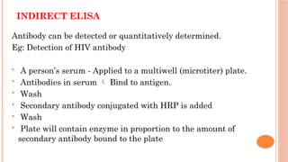 INDIRECT ELISA
Antibody can be detected or quantitatively determined.
Eg: Detection of HIV antibody
 A person’s serum - Applied to a multiwell (microtiter) plate.
 Antibodies in serum  Bind to antigen.
 Wash
 Secondary antibody conjugated with HRP is added
 Wash
 Plate will contain enzyme in proportion to the amount of
secondary antibody bound to the plate
 