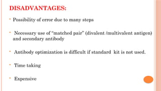 DISADVANTAGES:
 Possibility of error due to many steps
 Necessary use of “matched pair” (divalent /multivalent antigen)
and secondary antibody
 Antibody optimization is difficult if standard kit is not used.
 Time taking
 Expensive
 