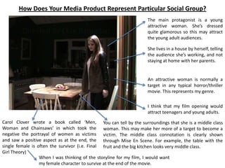 How Does Your Media Product Represent Particular Social Group?
The main protagonist is a young
attractive woman. She’s dressed
quite glamorous so this may attract
the young adult audiences.
She lives in a house by herself, telling
the audience she’s working, and not
staying at home with her parents.
You can tell by the surroundings that she is a middle class
woman. This may make her more of a target to become a
victim. The middle class connotation is clearly shown
through Mise En Scene. For example, the table with the
fruit and the big kitchen looks very middle class.
An attractive woman is normally a
target in any typical horror/thriller
movie. This represents my genre.
Carol Clover wrote a book called ‘Men,
Woman and Chainsaws’ in which took the
negative the portrayal of women as victims
and saw a positive aspect as at the end, the
single female is often the survivor (i.e. Final
Girl Theory)
When I was thinking of the storyline for my film, I would want
my female character to survive at the end of the movie.
I think that my film opening would
attract teenagers and young adults.
 