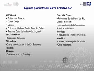 Algunos productos de Marca Colectiva son
Michoacán:
Guitarra de Paracho.
Queso Cotija.
Maque.
Cobre martillado de Santa Clara del Cobre.
Pasta de Caña de Maíz de Jatzingueni.
Edo. de México:
>Tapetes de Temoaya.
Chihuahua:
>Carne producida por la Unión Ganadera
Regional.
Chiapas:
>Queso de bola de Ocosingo.

San Luis Potosí:
>Rebozo de Santa María del Río.
Distrito Federal:
>Los productos de la Asociación
Americana de Soya.
Morelos:
>Productos de Tradición Agrícola.
Yucatán:
>Licores de henequén Peninsular
>Chile habanero.

 