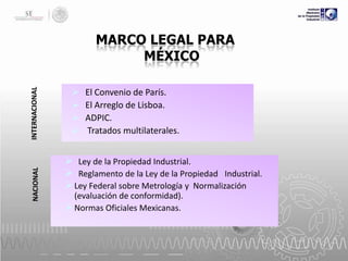 NACIONAL

INTERNACIONAL

MARCO LEGAL PARA
MÉXICO





El Convenio de París.
El Arreglo de Lisboa.
ADPIC.
Tratados multilaterales.

 Ley de la Propiedad Industrial.
 Reglamento de la Ley de la Propiedad Industrial.
 Ley Federal sobre Metrología y Normalización
(evaluación de conformidad).
 Normas Oficiales Mexicanas.

 