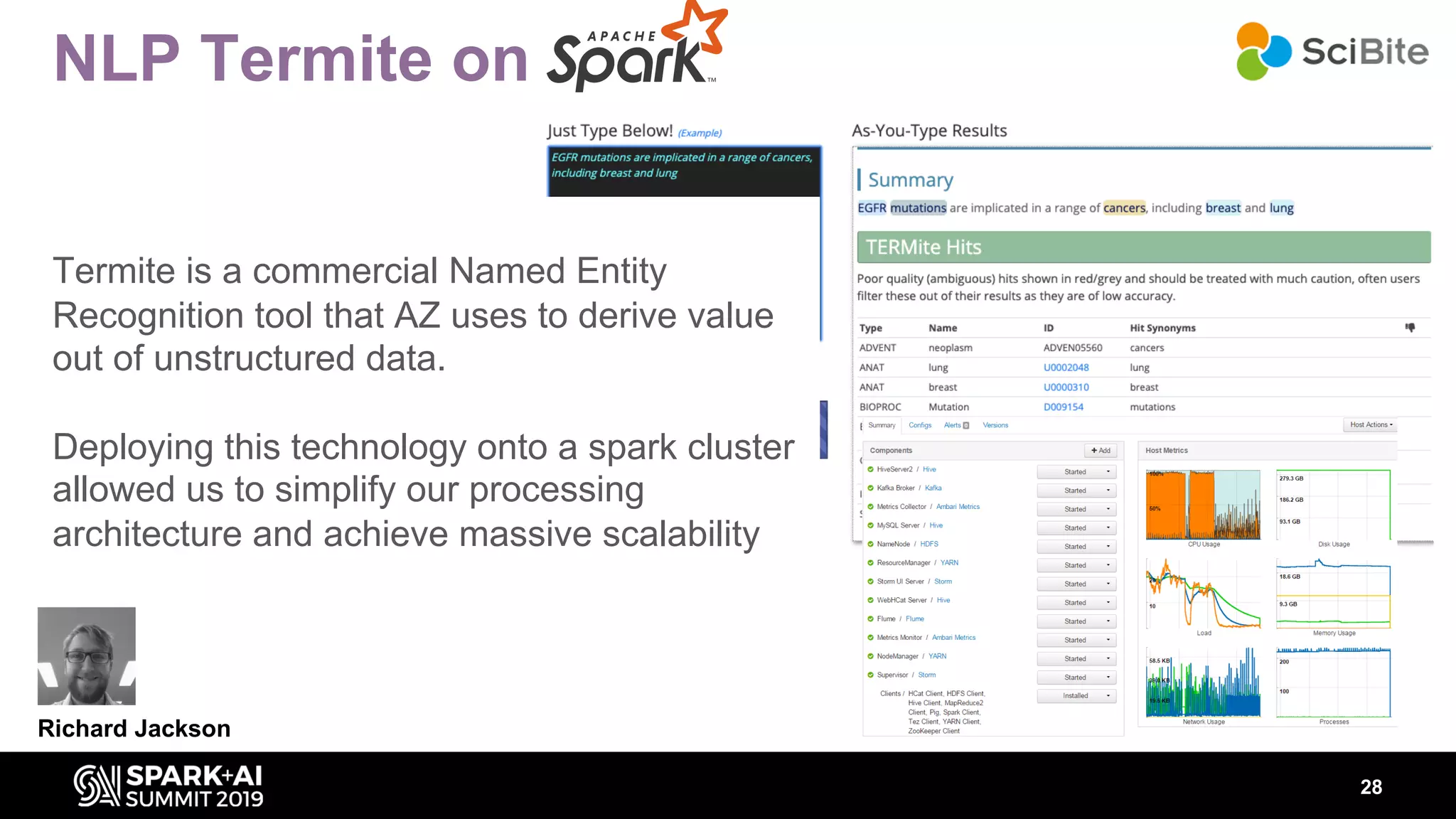 28
NLP Termite on
Termite is a commercial Named Entity
Recognition tool that AZ uses to derive value
out of unstructured data.
Deploying this technology onto a spark cluster
allowed us to simplify our processing
architecture and achieve massive scalability
Richard Jackson
 