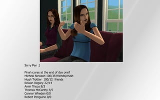 Sorry Pen :(

Final scores at the end of day one?
Micheal Newson 100/38 friends/crush
Hugh Trottier 100/12 friends
Rowan Regacy 22/14
Amin Tricou 8/3
Thomas McCarthy 5/5
Connor Whedon 0/0
Robert Penguino 0/0
 