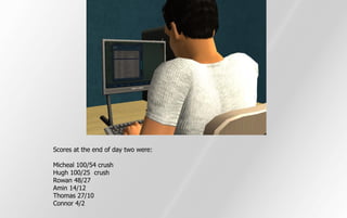 Scores at the end of day two were:

Micheal 100/54 crush
Hugh 100/25 crush
Rowan 48/27
Amin 14/12
Thomas 27/10
Connor 4/2
 