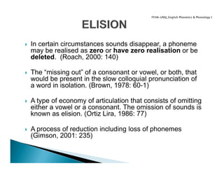 FFHA-UNSJ_English Phonetics & Phonology I




In certain circumstances sounds disappear, a phoneme
may be realised as zero or have zero realisation or be
deleted. (Roach, 2000: 140)

The “missing out” of a consonant or vowel, or both, that
would be present in the slow colloquial pronunciation of
a word in isolation. (Brown, 1978: 60-1)

A type of economy of articulation that consists of omitting
either a vowel or a consonant. The omission of sounds is
known as elision. (Ortiz Lira, 1986: 77)

A process of reduction including loss of phonemes
(Gimson, 2001: 235)
 