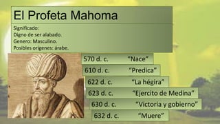 El Profeta Mahoma
(Muhammad)
Significado:
Digno de ser alabado.
Genero: Masculino.
Posibles orígenes: árabe.

                            570 d. c.      “Nace”
                            610 d. c.      “Predica”
                             622 d. c.      “La hégira”
                             623 d. c.      “Ejercito de Medina”
                              630 d. c.      “Victoria y gobierno”
                               632 d. c.      “Muere”
 