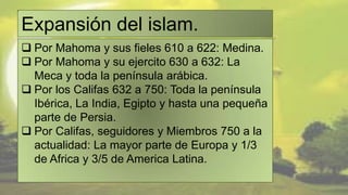 Expansión del islam.
 Por Mahoma y sus fieles 610 a 622: Medina.
 Por Mahoma y su ejercito 630 a 632: La
  Meca y toda la península arábica.
 Por los Califas 632 a 750: Toda la península
  Ibérica, La India, Egipto y hasta una pequeña
  parte de Persia.
 Por Califas, seguidores y Miembros 750 a la
  actualidad: La mayor parte de Europa y 1/3
  de Africa y 3/5 de America Latina.
 