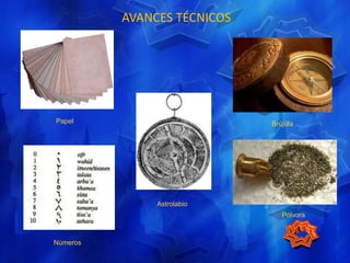 AVANCES TÉCNICOS
Papel
Números
Astrolabio
Brújula
Pólvora
 
