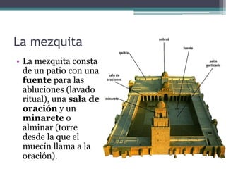 La mezquita
• La mezquita consta
  de un patio con una
  fuente para las
  abluciones (lavado
  ritual), una sala de
  oración y un
  minarete o
  alminar (torre
  desde la que el
  muecín llama a la
  oración).
 