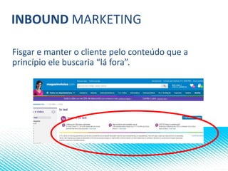 INBOUND MARKETING
Fisgar e manter o cliente pelo conteúdo que a
princípio ele buscaria “lá fora”.
 