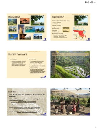 26/04/2011




                                               Atelier Paludisme 2011   ELISSA mars 2011                                                     Atelier Paludisme 2011   ELISSA mars 2011




MILIEU IDÉAL?                                                                                     MILIEU IDÉAL?
                                                                                                  •milieu urbain, semi-urbain, rural
                                                                                                  •nature des sols
                                                                                                  •salinité de l’eau
                                                                                                  •pente / courant
                                                                                                  •régime des pluies Composition faune
                                                                                                  •température          Densité population

                                                                                                  •altitude             Adaptation à
                                                                                                  •prédateurs           l’environnement

                                                                                                  •végétation naturelle
                                                                                                  •travaux humains: drainage,
                                                                                                    irrigation, agriculture,
                                                                                                    aquaculture, déforestation
                                                                                           7                                                                                              8




                                               Atelier Paludisme 2011   ELISSA mars 2011                                                     Atelier Paludisme 2011   ELISSA mars 2011




VILLES VS CAMPAGNES                                                                               RIZIÈRES!

  en milieu urbain:                            •en milieu rural:

     en général les anophèles n’aiment pas           •A gambiae, aime les eaux propres,
     les villes, les eaux polluées étant de          pauvres en matière organiques
     mauvais gites larvaires; mais An                •A funestus les abris végétaux et
     arabiensis et An stephensi sont                 l’ombre (espèce ombrophile)
     adaptés aux jardins et réservoirs d’eau         •A aquasalis (Afr) & A sundaicus (Asie)
     urbains d’Afrique et d’Inde (Madras)
                                                     les eaux côtières un peu salées
                                                     •A nili (Afr) & A minimus (Asie) tolèrent
                                                     des eaux courantes
                                                     •A minimus et A dirus, (prédominantes
                                                     en Asie) aiment les forêts et collines
                                                     boisées avec ruisseaux ombragés
                                                     •A kerteszia forestière stricte (Amazonie)
                                                     liée aux collections d’eau des plantes
                                                     épiphytes (broméliacées)


                                                                                           9                                                                                             10




                                               Atelier Paludisme 2011   ELISSA mars 2011                                                     Atelier Paludisme 2011   ELISSA mars 2011




RIZIÈRES!                                                                                         ALTITUDES!
zones de pullulation des anophèles et de transmission du
paludisme?
En Afrique de l'Ouest, présence d'An. gambiae pendant la plus grande partie de
l'année (deux récoltes annuelles)
                     pas d’aggravation de la maladie palustre (!)
     population dans situation de saturation dans la transmission
     usage massif des moustiquaires du à la nuisance intense
     population consommatrice de soins

En zone de moyenne montagne au Burundi, région de paludisme instable
           intensification de la transmission et de la fréquence des accès

En Asie du Sud-Est, présence d’anophèles non vecteurs, ou très peu efficaces
                   cependant possibilité de bouffées épidémiques
                                                                                           11                                                                                            12




                                                                                                                                                                                                 2
 